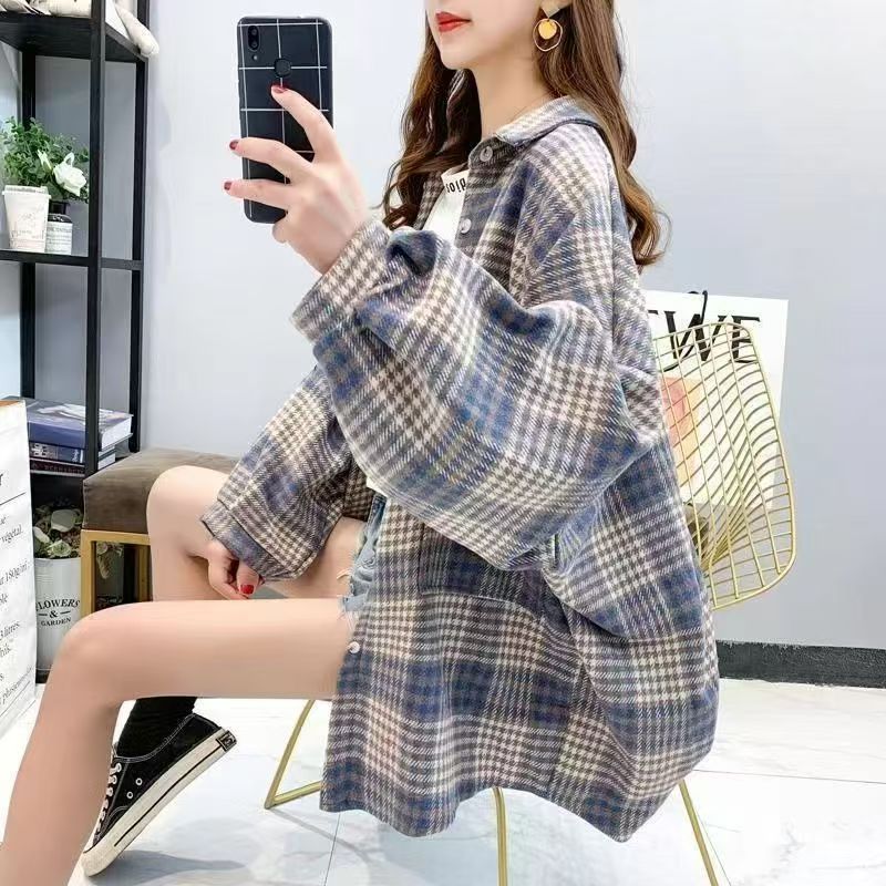 秋季女装胖mm厚款港味复古衬衫宽松中长款韩版衬衣格子磨毛外套