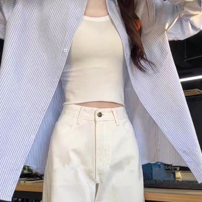 蓝白条纹长袖衬衫外套女早秋外搭宽松内搭日系复古开衫衬衣空调衫