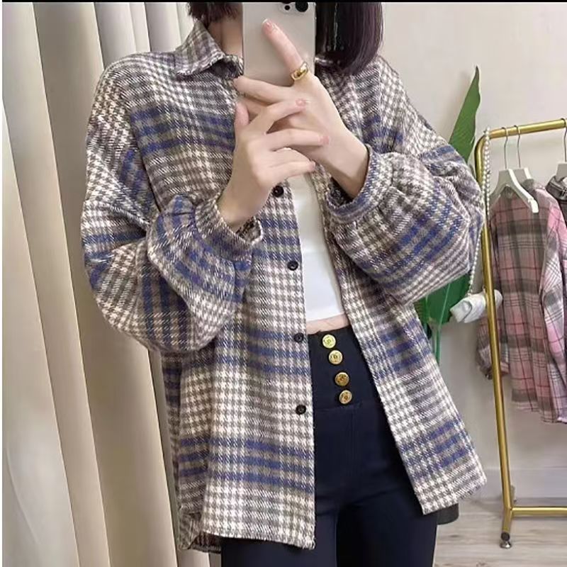 2026秋季女装新款港味复古衬衫宽松中长款韩版衬衣格子磨毛外套