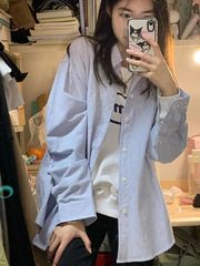 高街条纹衬衫上衣女春秋韩系宽松设计感小众初秋长袖衬衣休闲外套
