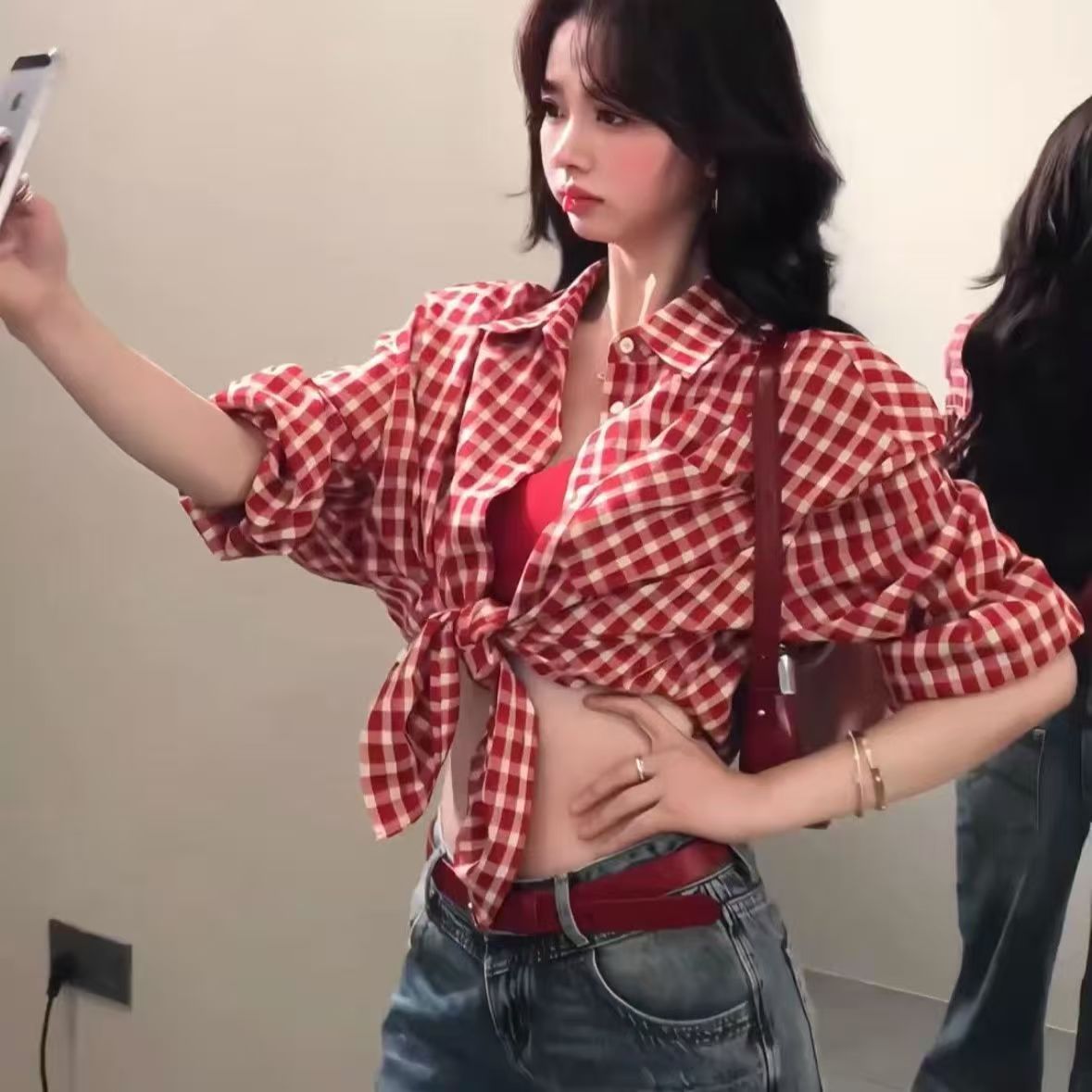 日系复古红色格子衬衫外套女夏季vintage松弛感休闲防晒衬衣外套