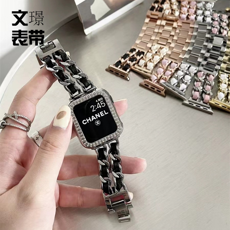 适用小香风苹果表带iwatch1代适用于applewatch7se表带皮质金属链条腕带