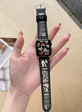 适用iwatch7新款复古真皮拼帆布苹果表带豹纹千鸟格applewatch654代SE男女