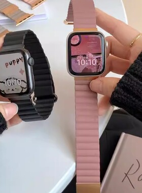 适用于applewatch表带荔枝纹皮质磁吸苹果手表s8代iwatch7654SE新新款时尚潮流替换个性腕带配件