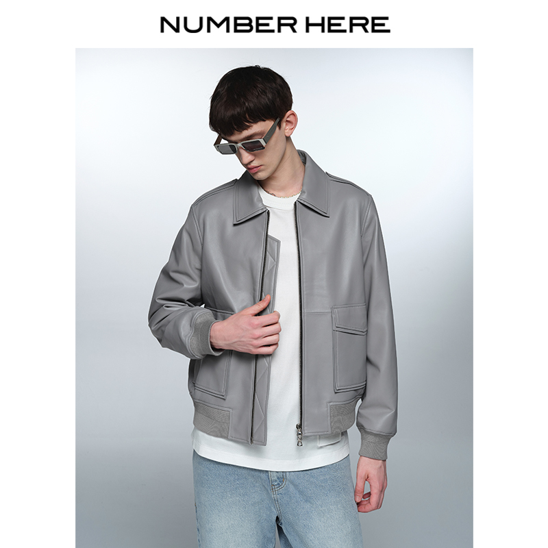 NUMBER HERE 灰色小羊皮拉链休闲外套真皮皮衣夹克23400118147