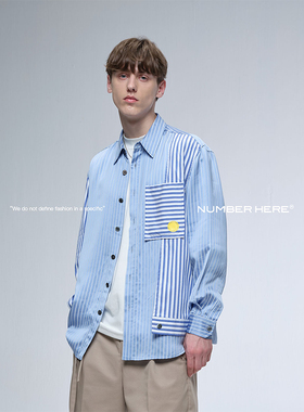 NUMBER HERE条纹拼接不对称活页设计休闲长袖衬衫男NH11C028