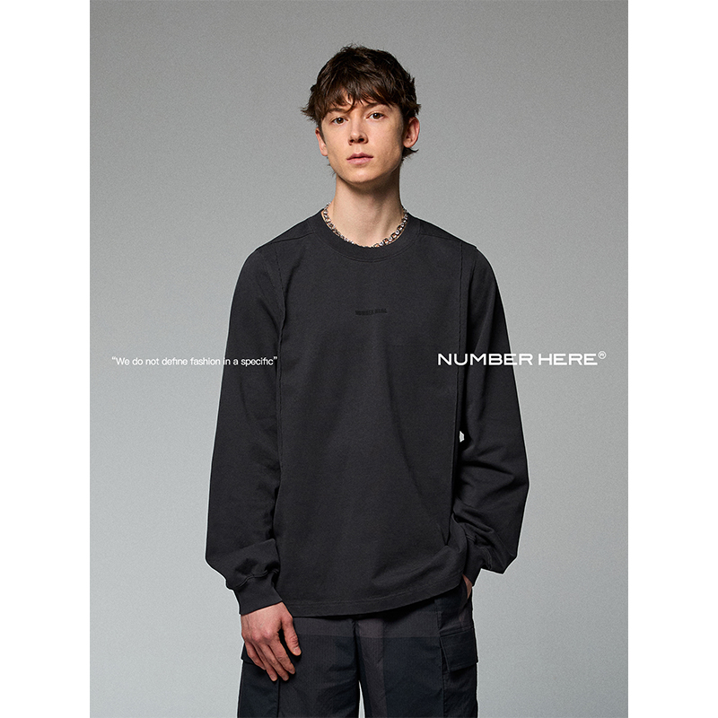 NUMBER HERE纯棉结构分割基础款宽松百搭洗水圆领长袖T恤