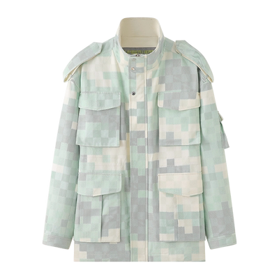 NUMBER HERE印花斜纹棋盘格纱卡面料户外多口袋休闲格子夹克外套