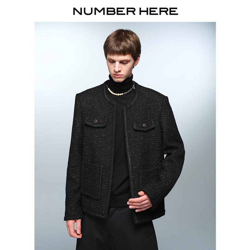 NUMBER HERE色织格纹小香风毛边无领短夹克外套男23400112299