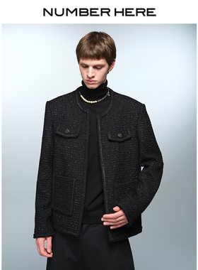 NUMBER HERE色织格纹小香风毛边无领短夹克外套男23400112299