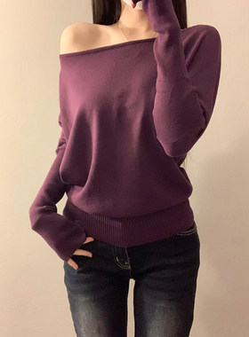 纯欲风紫色斜领一字肩长袖针织衫女秋冬新款收腰显瘦百搭毛衣上衣