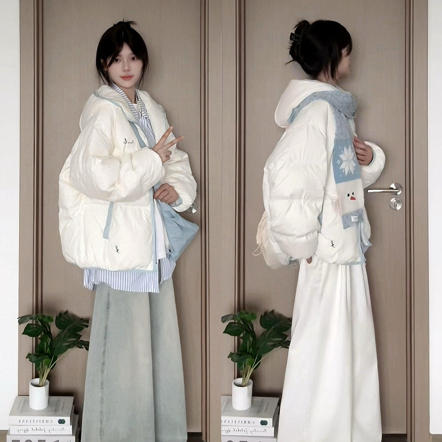 白色短款连帽羽绒棉服女