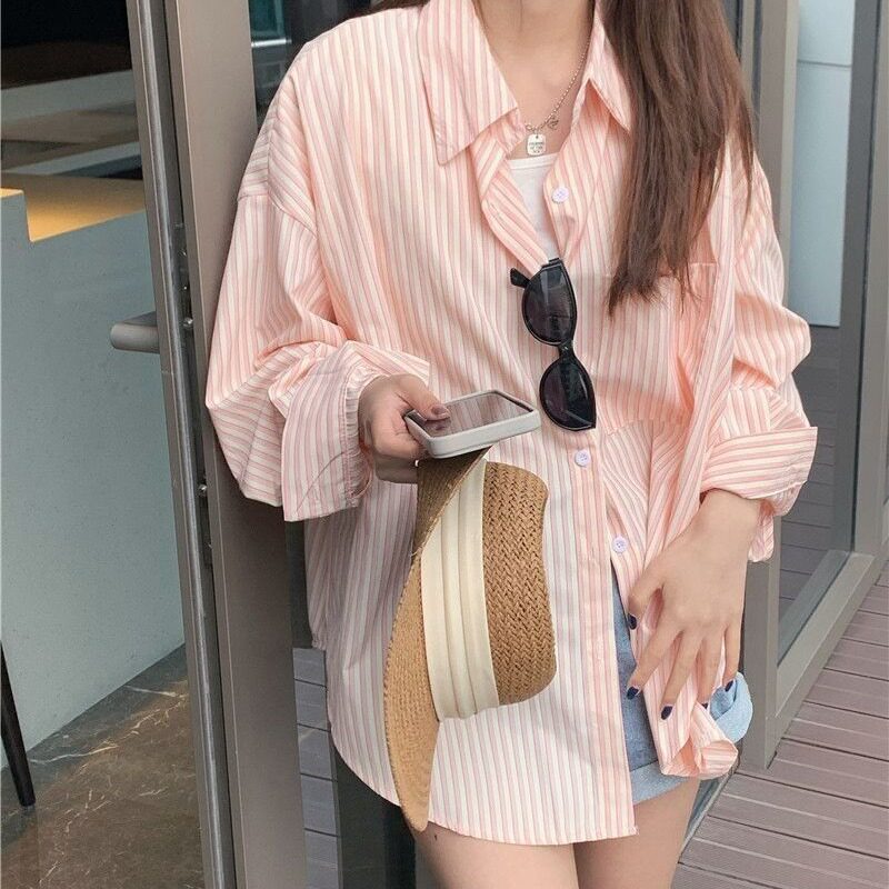 2025年粉红色条纹长袖衬衫女衬衫