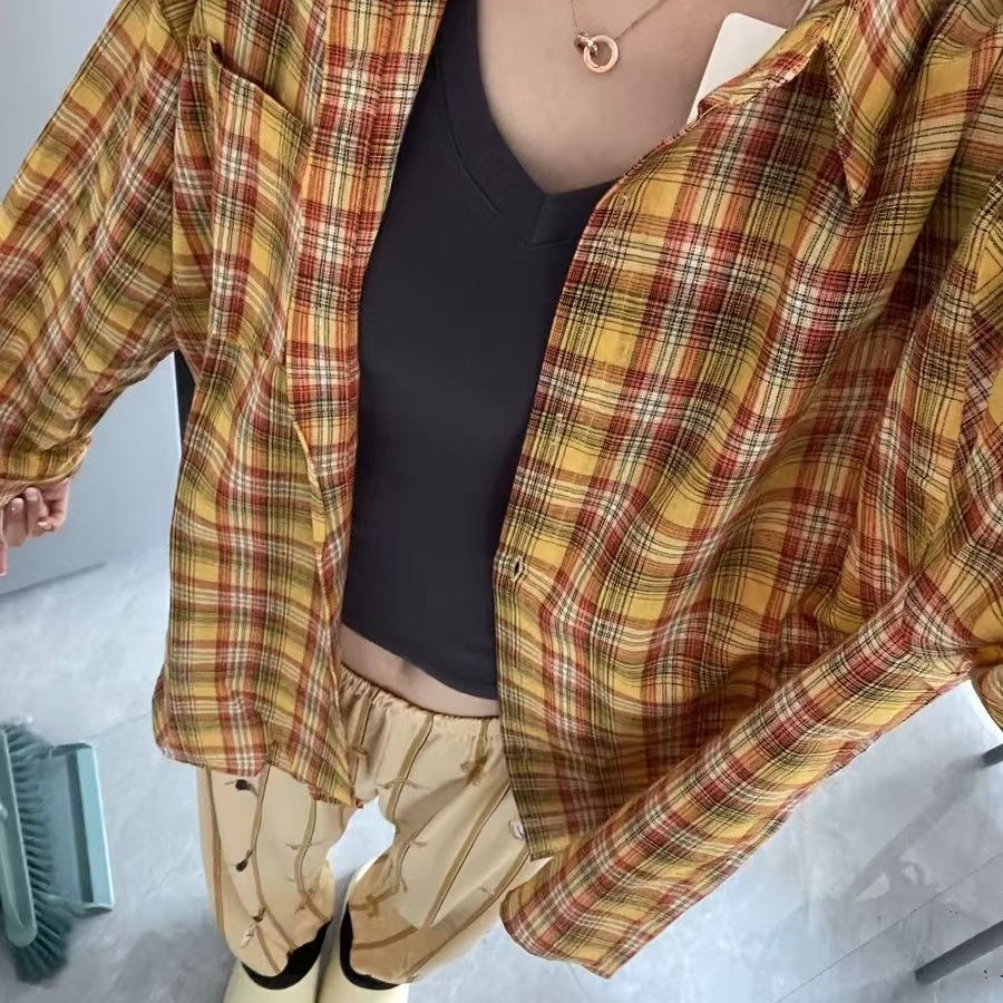 秋季款港味复古chic黄色格子衬衫女内搭叠穿宽松休闲百搭衬衣外穿