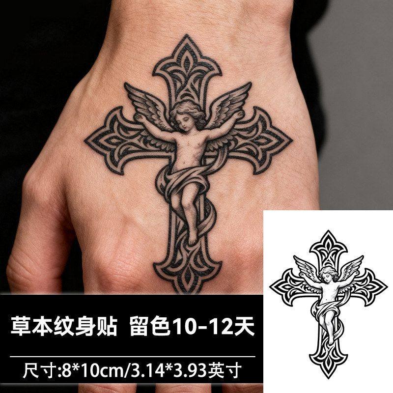 天使十字架草本纹身贴持久防水7~15天手臂腿部传统神秘风男女纹身