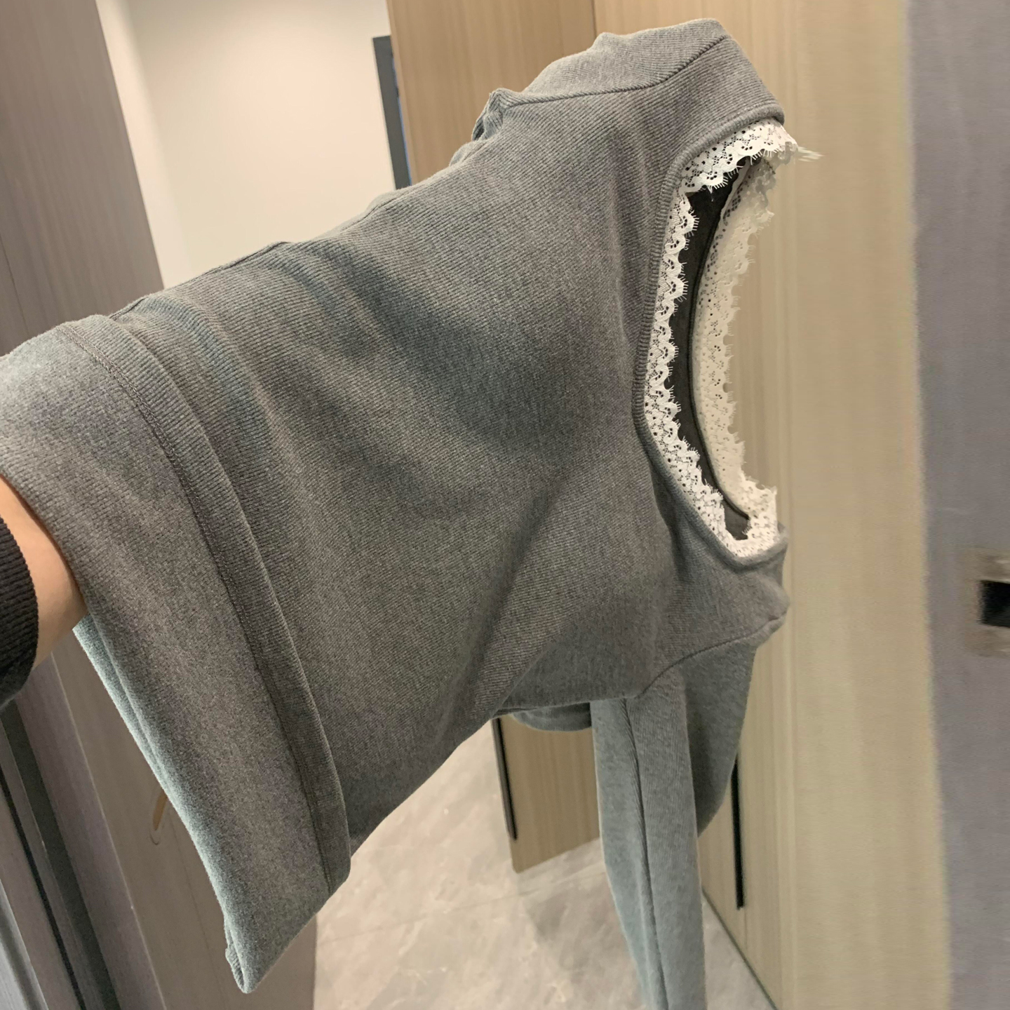 蕾丝低领长袖保暖内衣女带胸垫