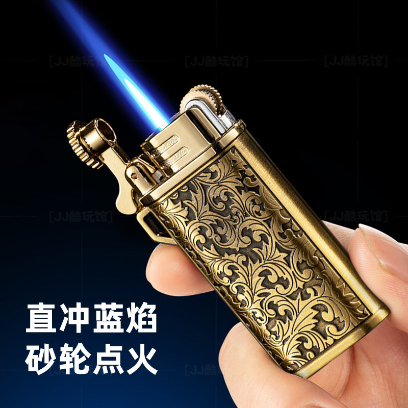 翻盖直冲打火机蓝焰金属富贵花砂轮充气高档复古浮雕送男友礼物潮
