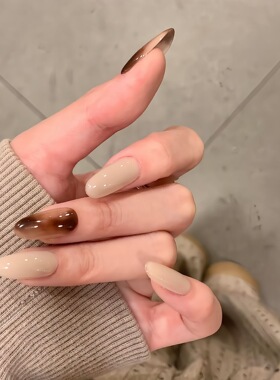 不晚· 烟雨美式ins韩系秋日晕染简约精品纯手工穿戴甲中长款美甲