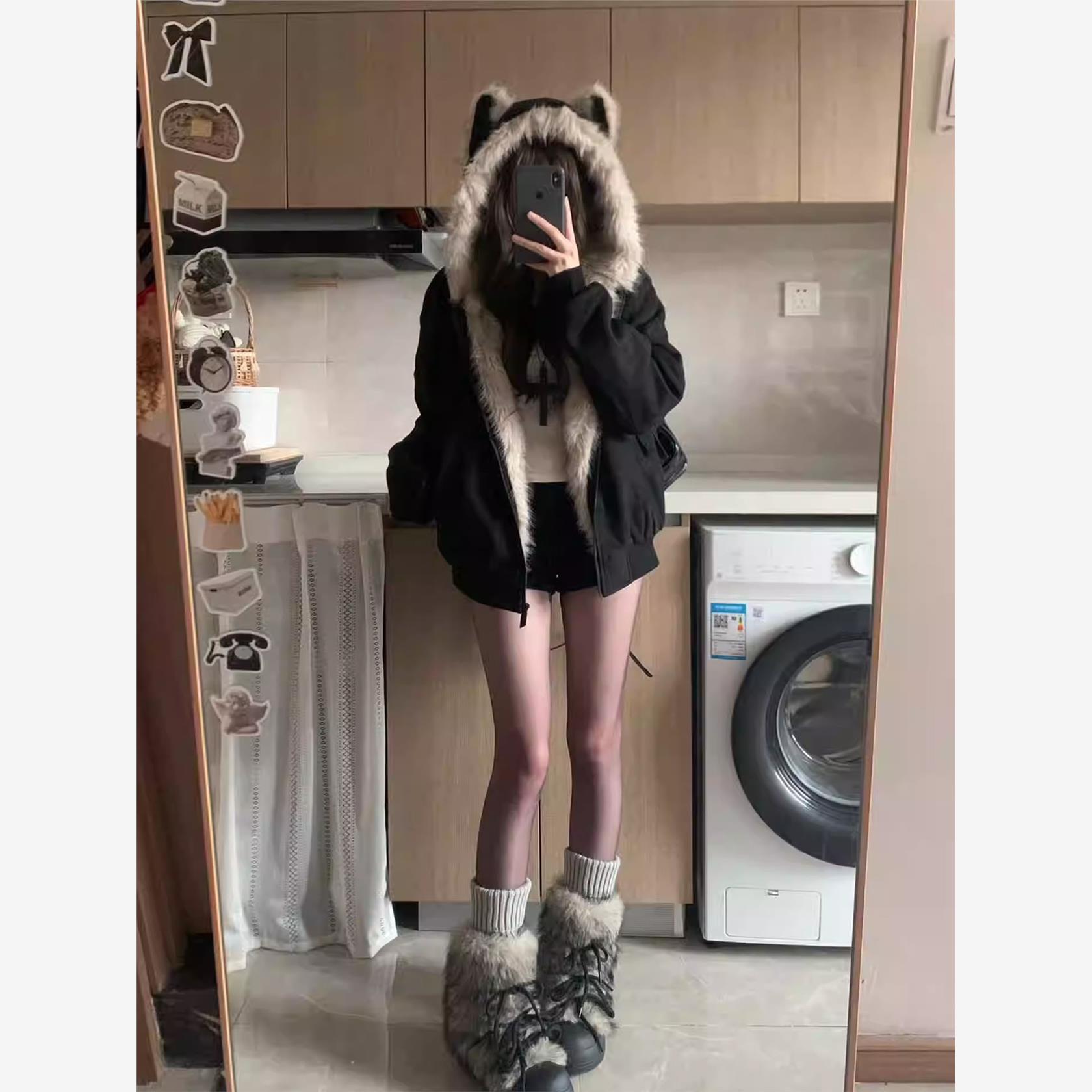 网红同款黑色猫耳毛领座山雕羽绒服冬季加厚美式保暖外套减龄宽松