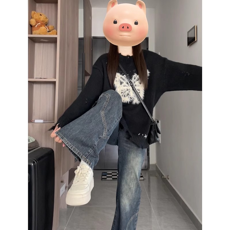 复古拼接小众直筒牛仔裤