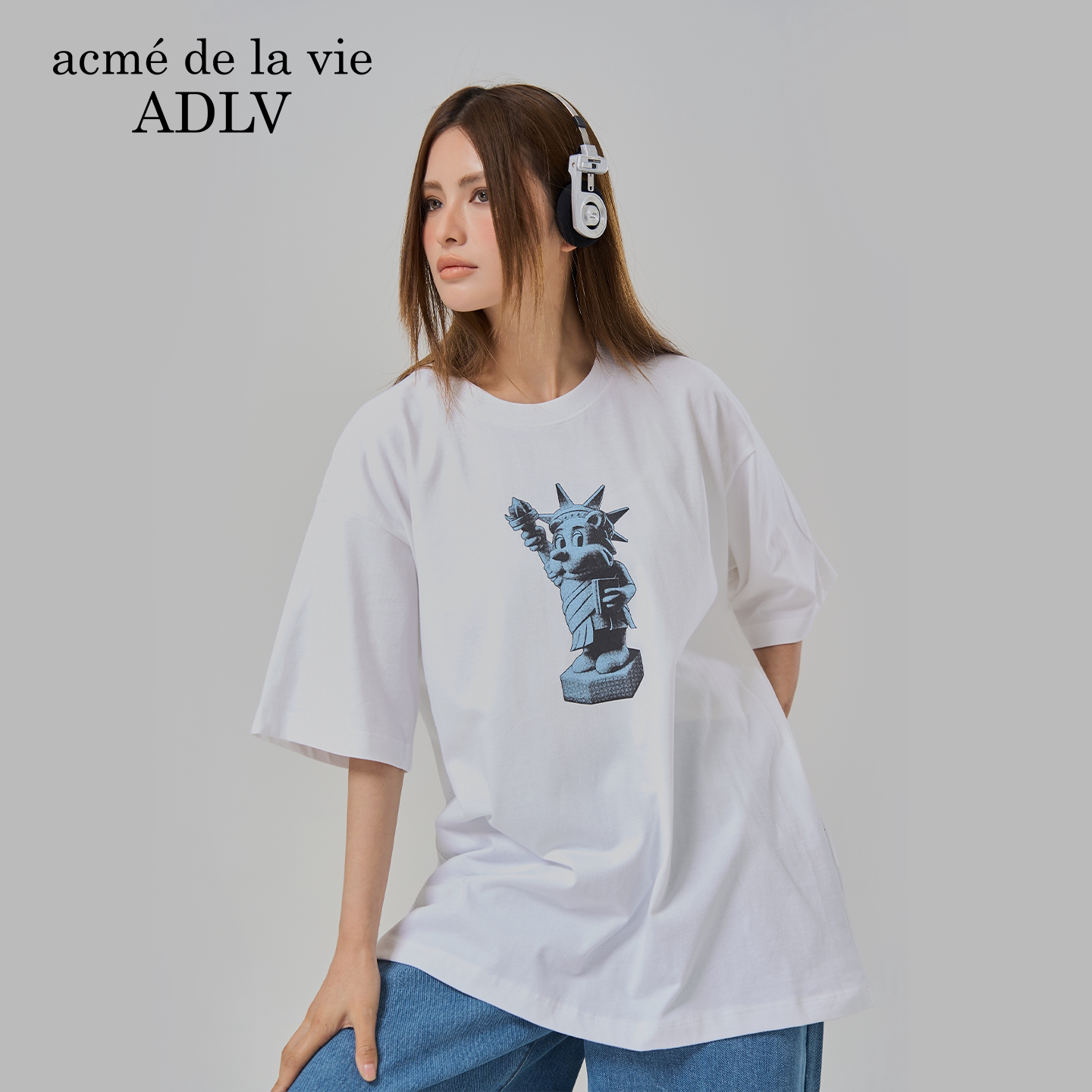 ADLV崔叡娜YENA同款自由女神AC熊印花短袖T恤圆领休闲男女款上衣