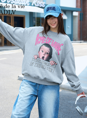 ADLV万圣节鬼脸男孩圆领秋冬季无帽灰色卫衣2025年新款男女款上衣