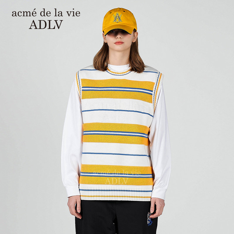 ADLV针织衫春秋季毛衣条纹压纹针织背心马甲男女士同款上衣英伦风