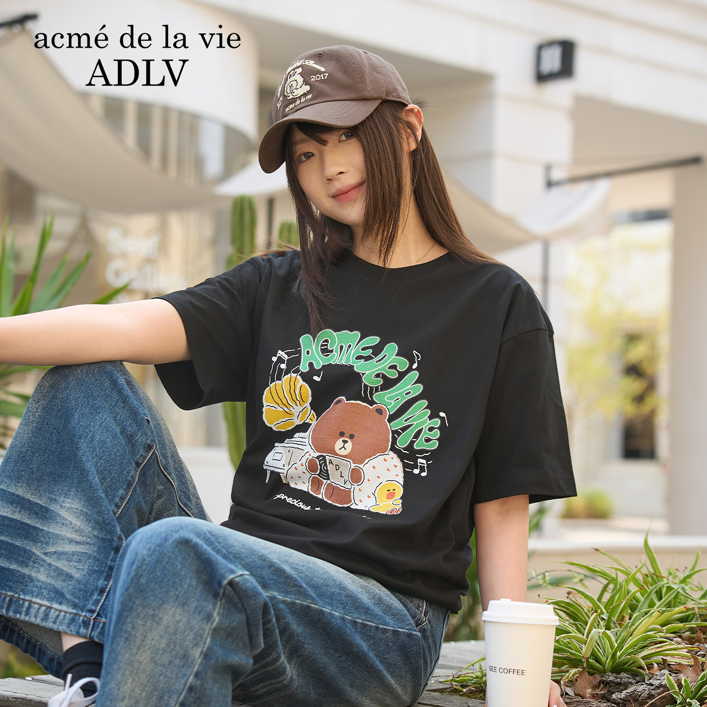 ADLV布朗熊联名短袖2026年春季新T恤男女款白色宽松休闲百搭上衣