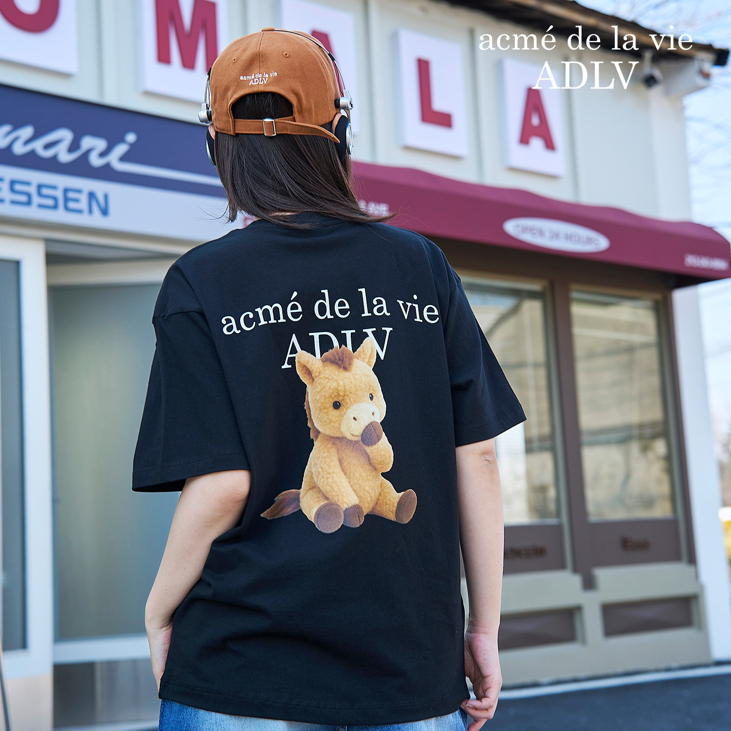 ADLV黑色短袖T恤男女款卡通印花宽松马年本命年百搭休闲简约上衣