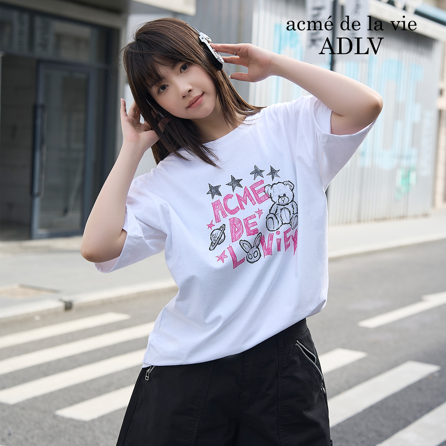 ADLV涂鸦小熊印花短袖T恤2025夏季新款休闲上衣男女同款潮流潮牌