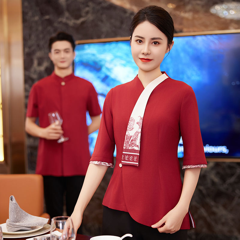 龙丽儿中式餐厅酒店服务员工作服七分袖套装制服中国风夏季