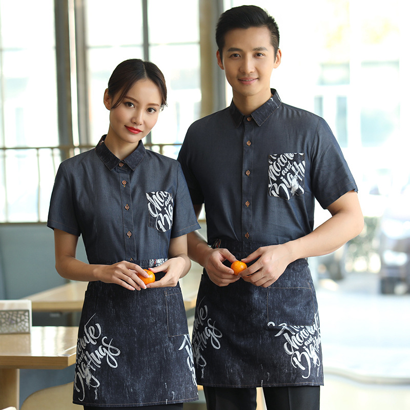 牛仔衬衣服务员工作服短袖夏装餐饮餐厅酒店饭店中式夏季员工制服
