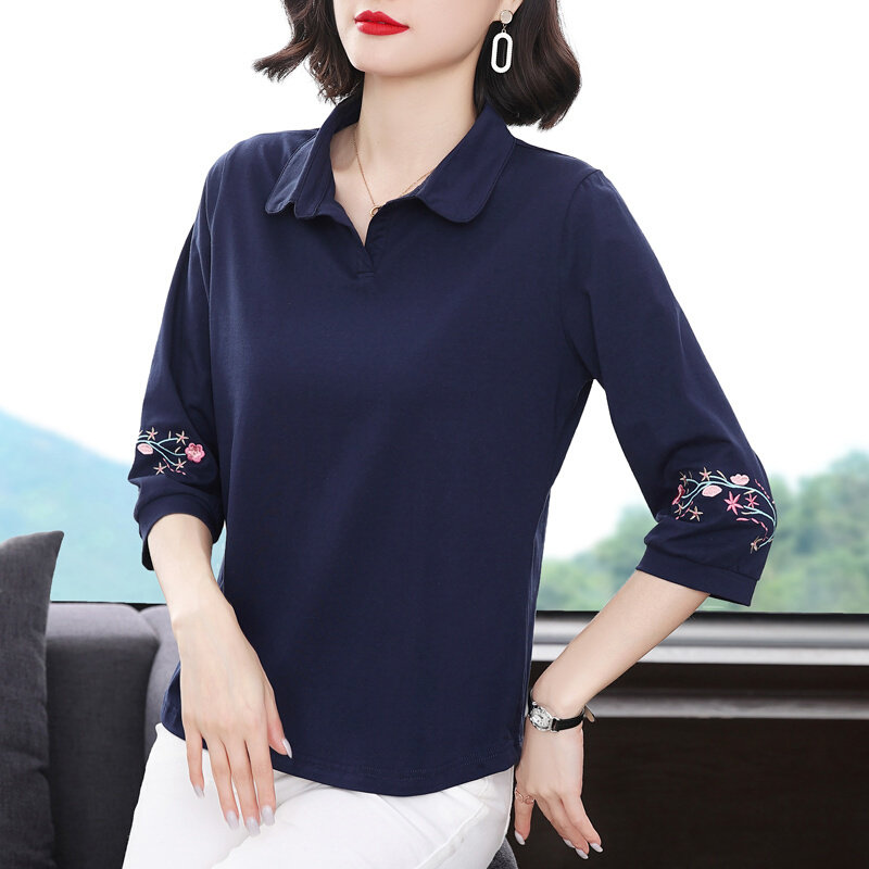 纯棉t恤女 洋气外穿带领小衫中老年妈妈春秋装翻领中袖上衣打底衫