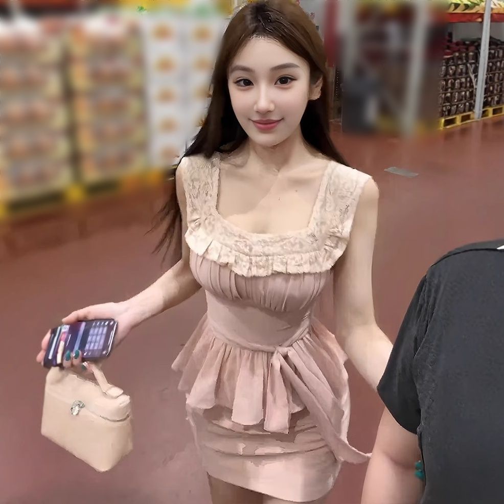 韩系温柔风蕾丝无袖上衣高腰半身裙两件套女2025夏季新款优雅套装