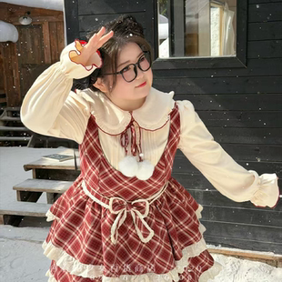 春田少女大码lolita冬款收腰显瘦红格百搭连衣裙可爱背带裙套装