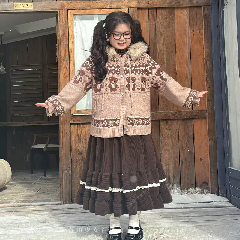 春田少女新款费尔岛毛衣冬装连帽毛线衣可爱胖mm穿搭百搭毛衣套装