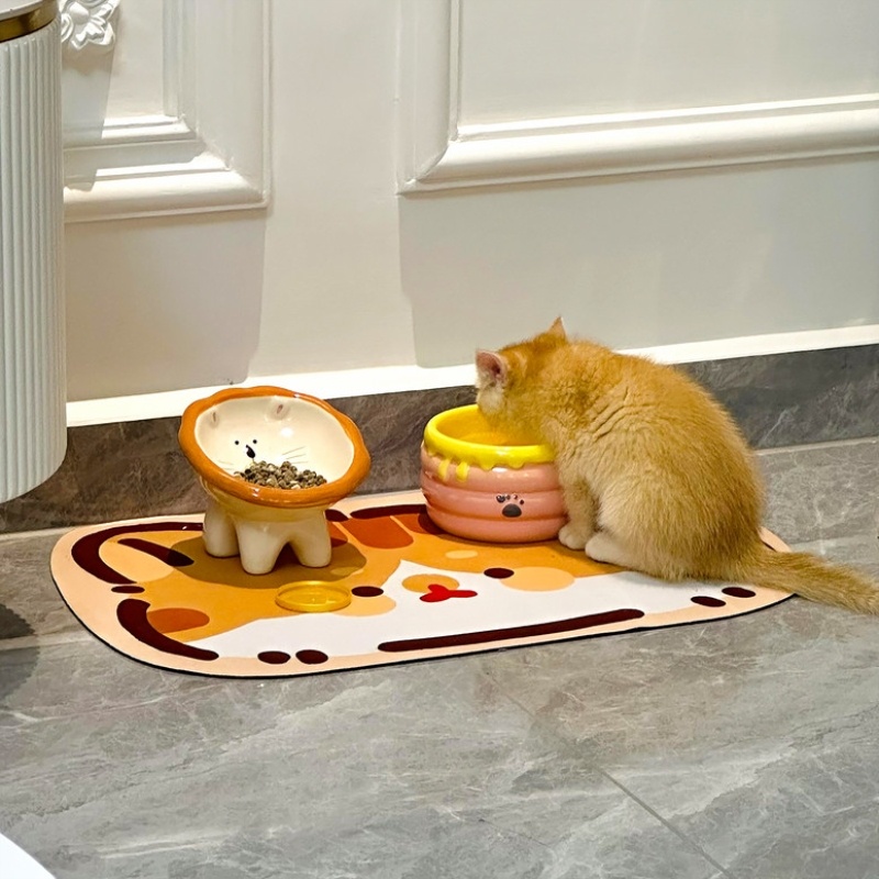 猫碗陶瓷一对卡通可爱陶瓷猫咪喝水碗猫碗高脚斜口宠物狗饭碗