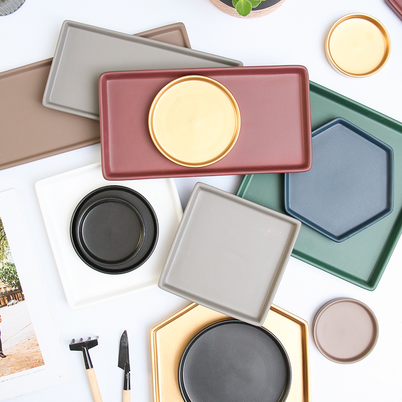 陶瓷底座花盆长方六角菱形正方圆形托盘接水盘防漏水金色花盆底托