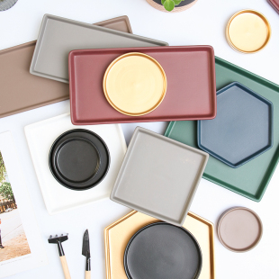 陶瓷底座花盆长方六角菱形正方圆形托盘接水盘防漏水金色花盆底托