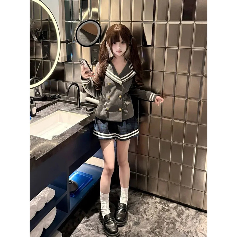 学院风JK制服套装女秋冬新款小个子海军领双排扣上衣+短裙两件套