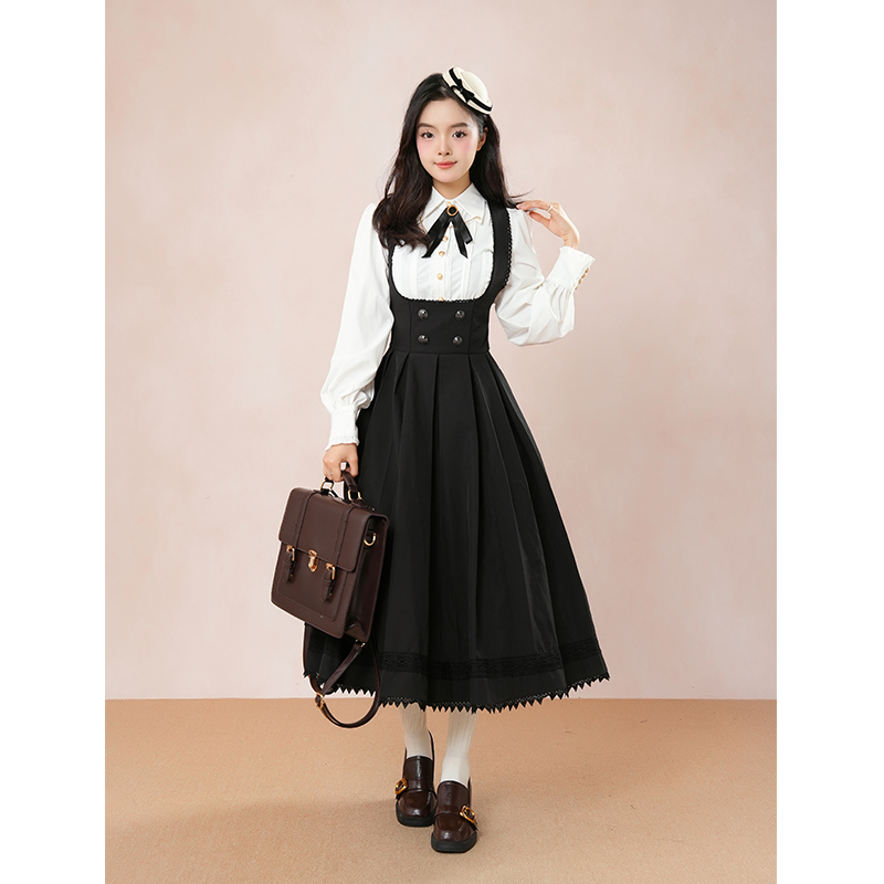 【理学家】优雅学院风Lolita白色衬衫+黑色拼接背带连衣裙套装裙