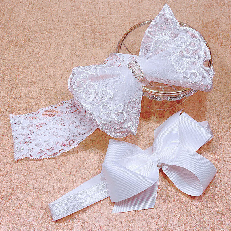 2条 超仙儿童发带白色蕾丝头饰婴儿刺绣蝴蝶结发箍女宝宝弹性头带