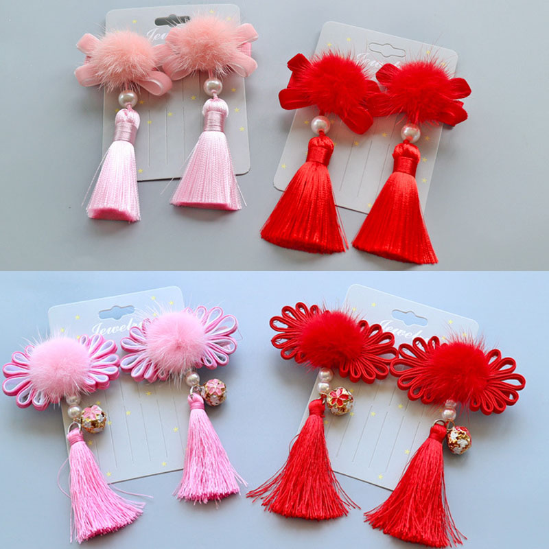 满15元包邮儿童发夹古风汉服发饰宝宝红色过年头饰女孩毛球球发卡