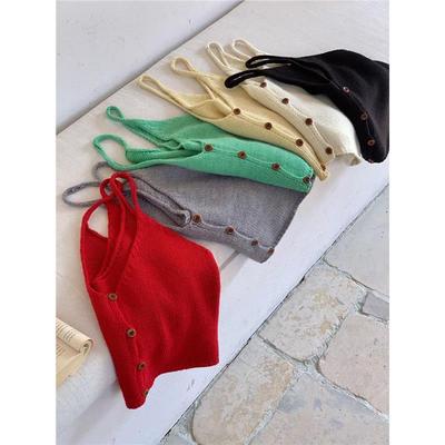 甜美单排扣v领羊毛针织马甲开衫女宽松短款小个子春季叠穿背心短