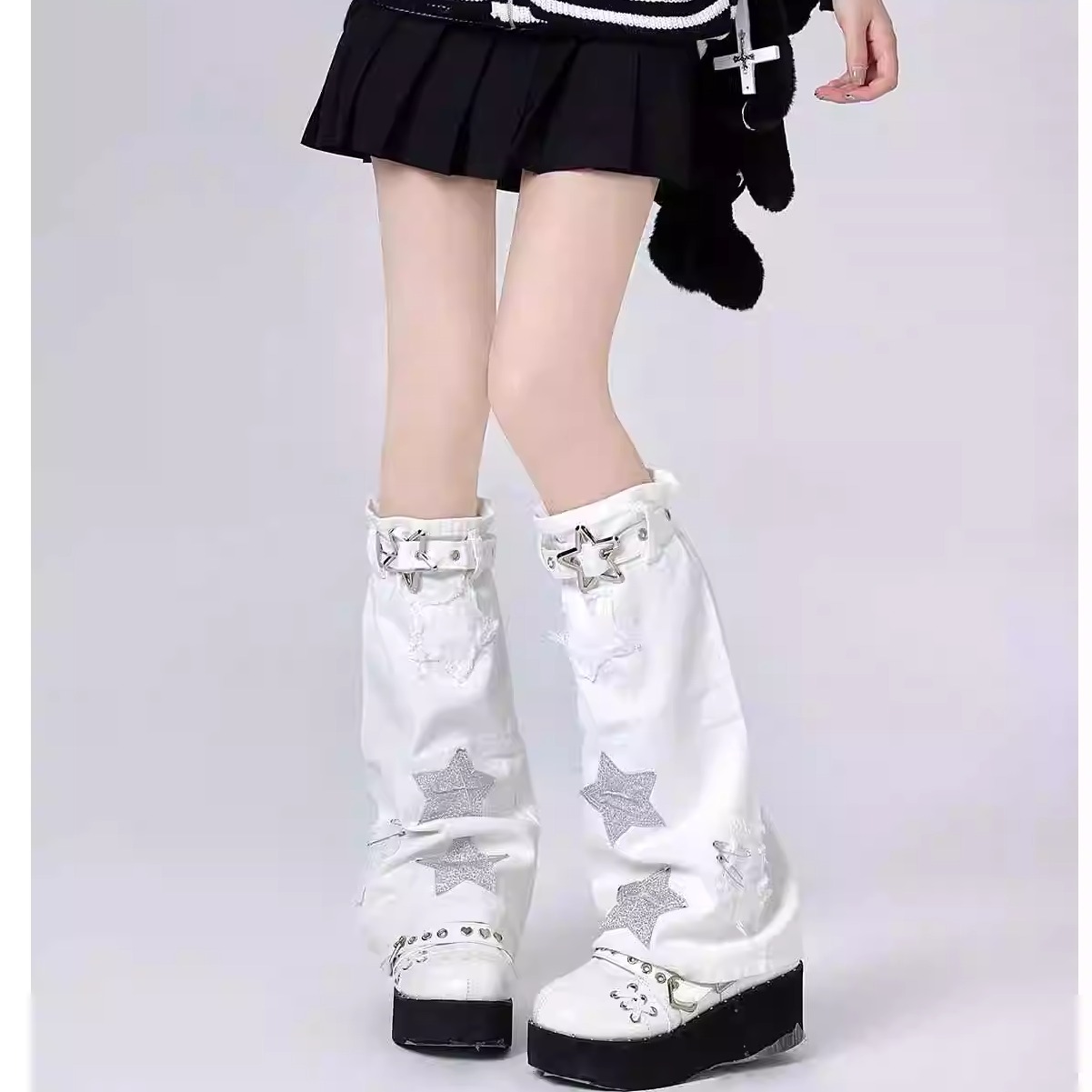 日系白色星星皮扣牛仔y2k辣妹腿