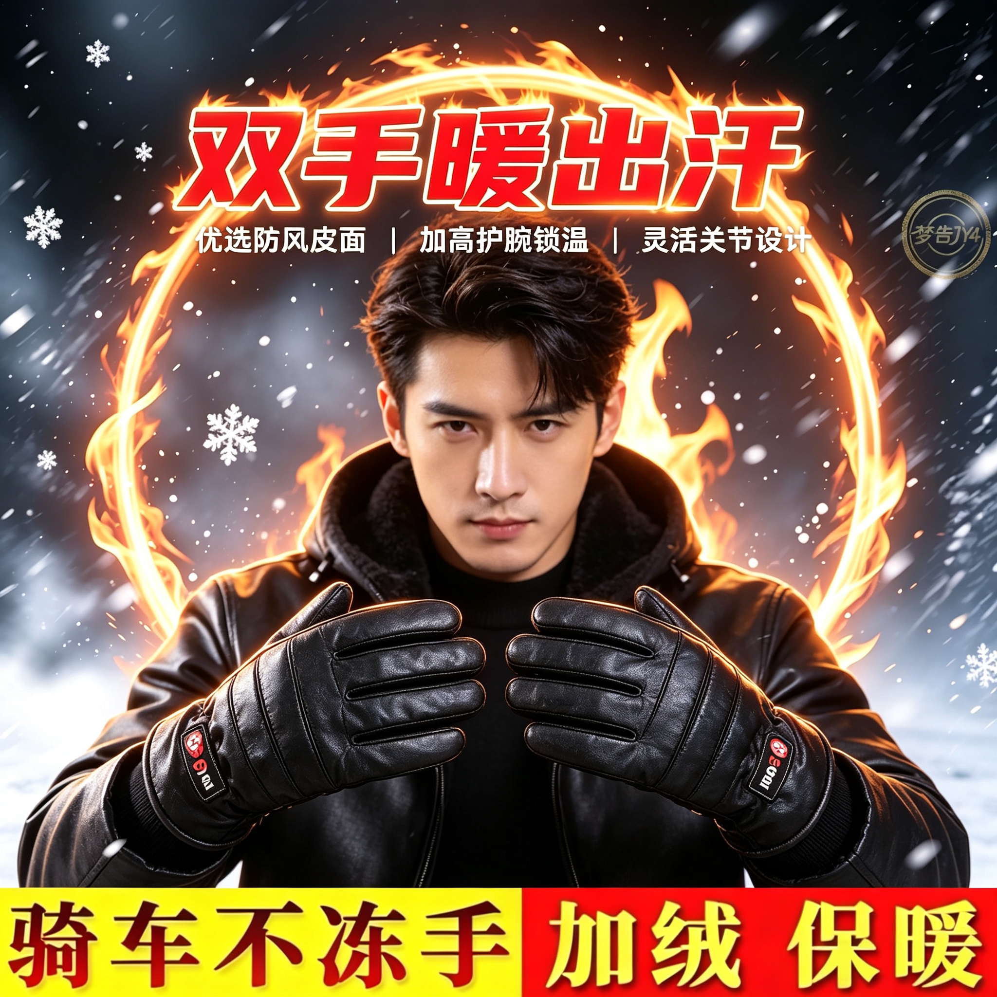 冬季加绒加厚触屏骑行皮手套