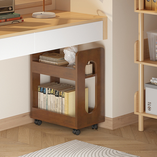 实木桌下多层书架移动书本架桌边储物置物架书包架边柜落地小推车
