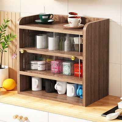 实木桌面收纳柜防尘带门茶具杯架