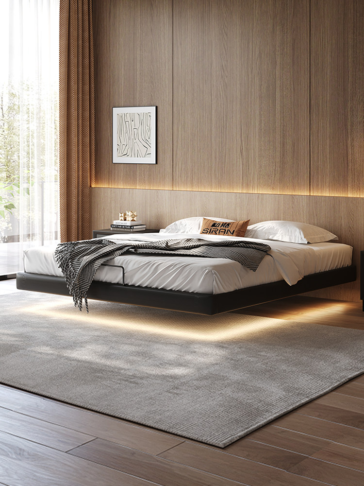 黑色床头主卧室意大利极简主义实木床现代简单排框床框架与存储悬