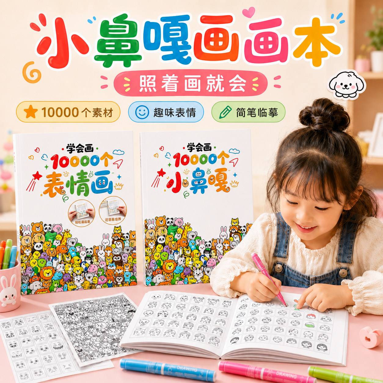 小鼻嘎画画本学会画儿童简笔画临摹本涂色本幼儿园控笔训练素材书